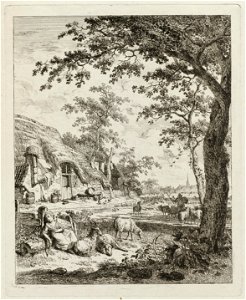 Herderin met schapen voor een boerderij. NL-HlmNHA 1477 53011102