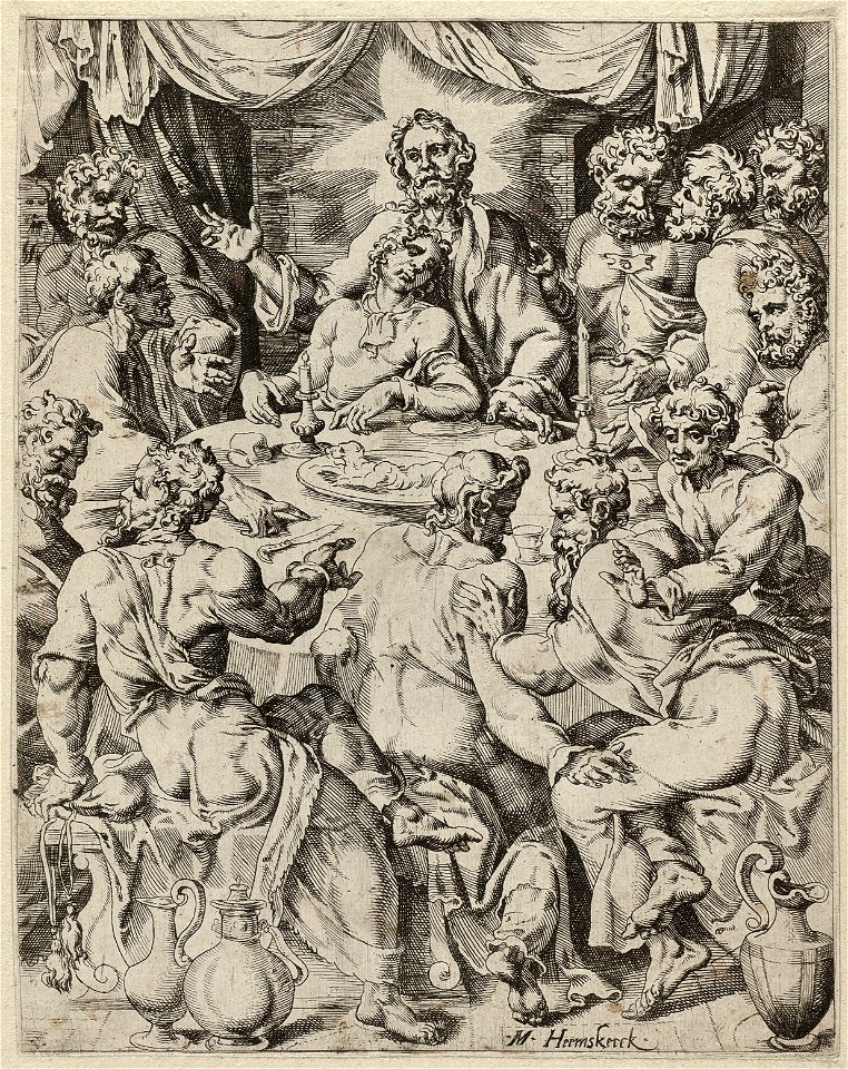 Het laatste avondmaal (Matheus 2620-25 Marcus 1417-21 Lucas 2221-23 Johannes ). NL-HlmNHA 1477 53008608