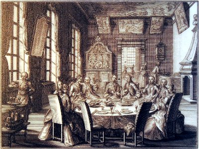 Hochzeitsessen in einer vornehmen Zürcher Familie, Stich von David Herrliberger, 1751, ZB Zürich - Stadtmuseum Rapperswil 2013-02-02 16-42-52 (P7700)