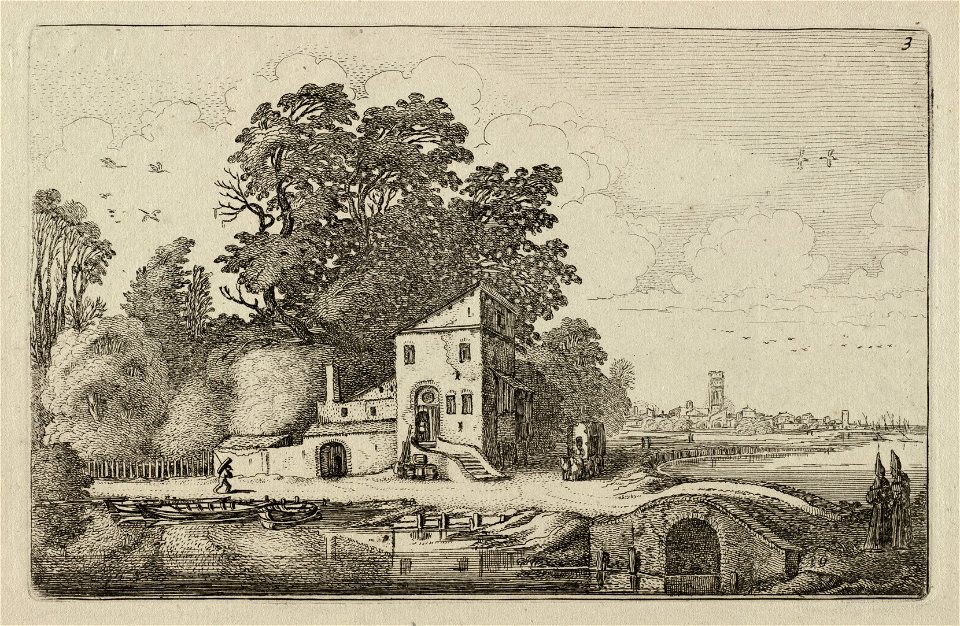 Huifkar bij een huis met een stad op de achtergrond. Twee monniken bij een brug rechts op de voorgrond, NL-HlmNHA 53012447