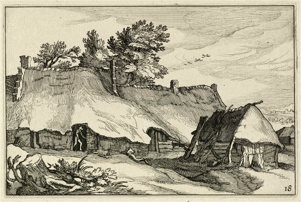 In een glooiend landschap ligt een boerderij met een kleine schuur. In de deuropening van de boerderij bevindt zich een man met een hoed. NL-HlmNHA 1477 53013248