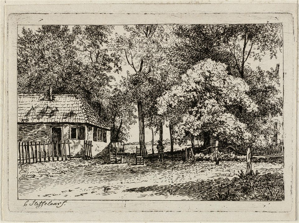 Huis met een hek tussen geboomte. NL-HlmNHA 1477 53012085