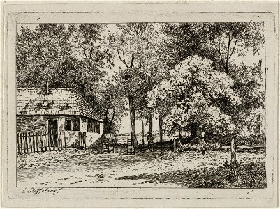 Huis met een hek tussen geboomte. NL-HlmNHA 1477 53012085