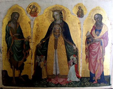 Jacobello del fiore, madonna della misericordia tra i ss. giovanni battista ed evangelista, 1400-30 ca.. Free illustration for personal and commercial use.