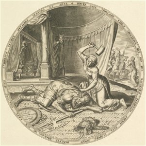Jaël vermoordt de slapende Sisera die toevlucht heeft gezocht in haar tent. Met een hamer slaat ze een tentpin dwars door zijn hoofd. Door de tentopening is te zien hoe Jaël Barak bericht va, NL-HlmNHA 53008040