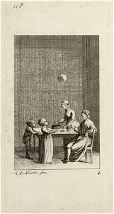 Huiselijk tafereel met ouders en twee spelende kinderen die een ballon oplaten. NL-HlmNHA 1477 53010871