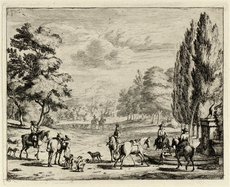 Jachtgezelschap te paard, met honden, rusten bij een fontein in een boomrijk landschap. NL-HlmNHA 1477 53012677