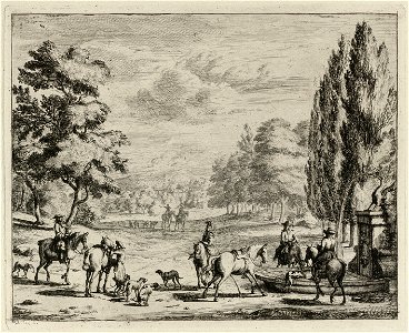 Jachtgezelschap te paard, met honden, rusten bij een fontein in een boomrijk landschap. NL-HlmNHA 1477 53012677