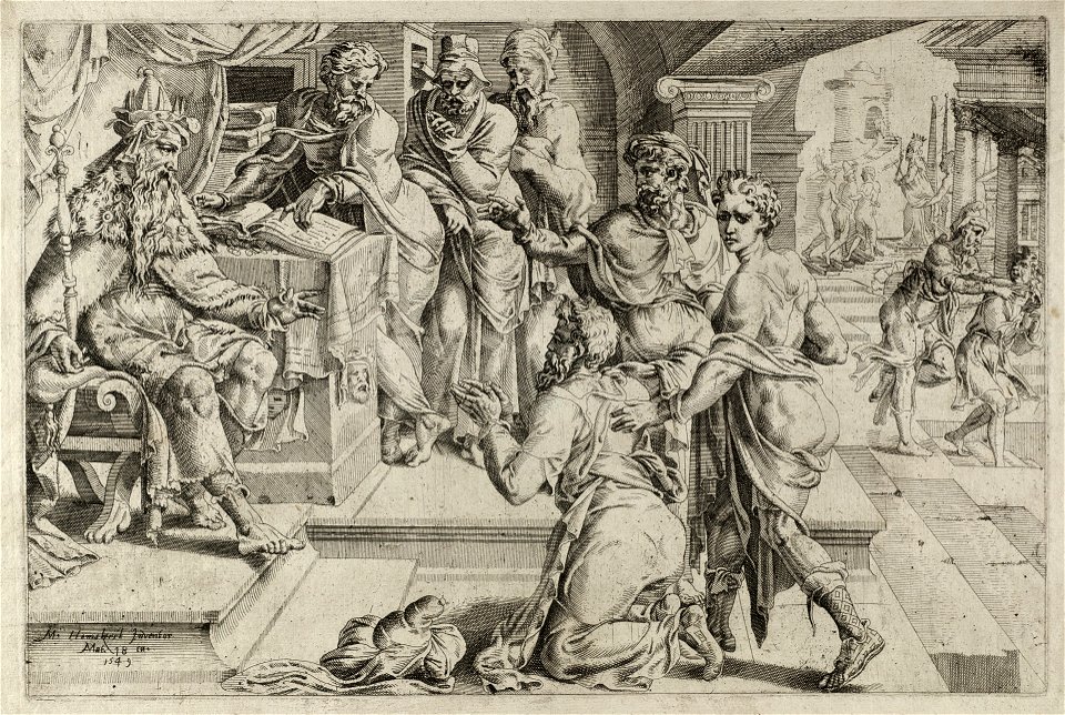 Illustratie van de 'Gelijkenis van de ondankbare knecht' (Matheus 1821-34) Ets door Dirck Volckertsz. Coornhert naar ontwerptekening van Maarten van Heemskerck gesigneerd, gedateerd en gea, NL-HlmNHA 1477 53008594