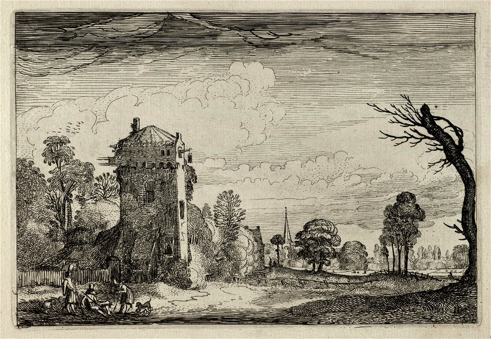 Jagers met honden bij een vierkante toren in een landschap. NL-HlmNHA 53012490