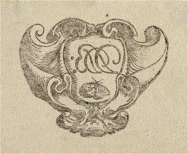 In spiegelbeeld wapenschild met de initialen van Dirck de Bray en een vlinder, omgeven door een rolwerkcartouche. NL-HlmNHA 1477 53010276