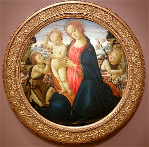 Jacopo del sellaio, madonna col bambino, san giovannino e angelo, 1485 ca.. Free illustration for personal and commercial use.