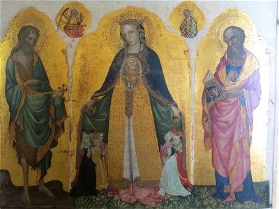 Madonna della Misericordia tra i santi Giovanni Battista e Giovanni Ev. di Jacobello del Fiore (1). Free illustration for personal and commercial use.