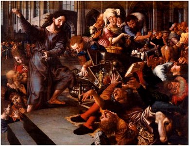 Jan Sanders van Hemessen - Christ driving the money changers from the temple. Free illustration for personal and commercial use.