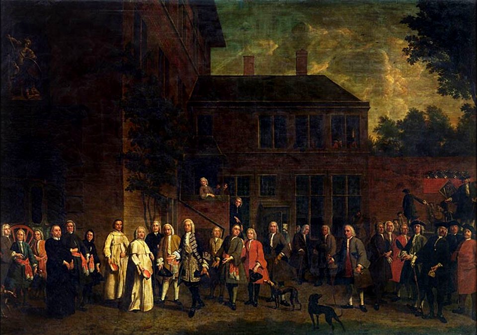 Jan Josef Horemans (I) and (II) - Head dean Jan Baptist Cornelissen and the main Guild members receive Abbot J.J. Van der Boven