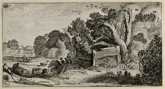 Juni (Iunius). Een landschap met een een waterput, voorstellende de maand juni. Links een op een fluit spelende herder bij zijn kudde. Links- en rechtsboven de bij deze maand behorende symbo, NL-HlmNHA 53012351