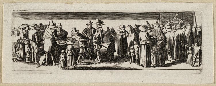 Kwakzalver op een podium, met elegant geklede omstanders. NL-HlmNHA 53012564