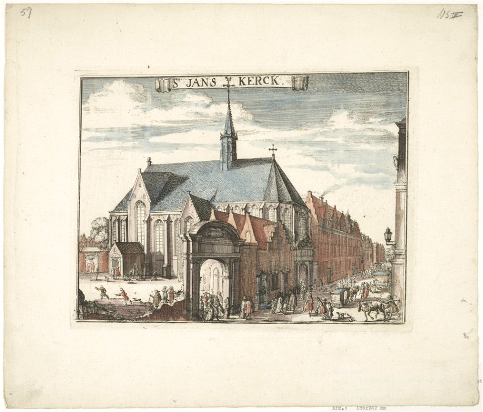 Janskerk en Jansstraat vanuit het zuidoosten. Gezicht op de zuidzijde van de Janskerk met de tegen het koor gebouwde kosterswoning en de Jansstraat. NL-HlmNHA 53008948 K