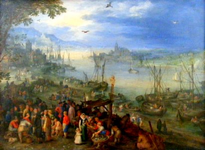 Jan Brueghel the Elder - Fischmarkt am Ufer eines Flusses-2. Free illustration for personal and commercial use.