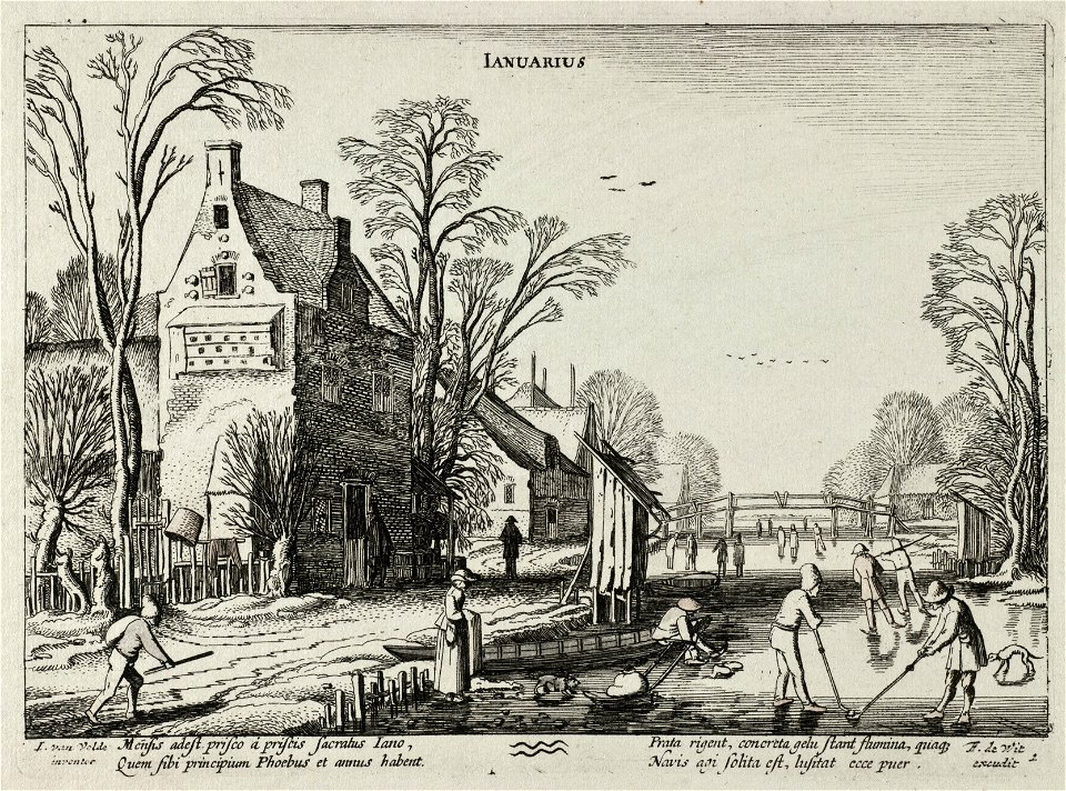 Januari (Ianuarius). Winterlandschap met kolfspelers op het ijs, voorstellende de maand januari. Onderaan het astrologische symbool voor het sterrenbeeld waterman. Prent uit een serie van tw, NL-HlmNHA 53012358