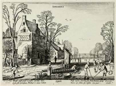 Januari (Ianuarius). Winterlandschap met kolfspelers op het ijs, voorstellende de maand januari. Onderaan het astrologische symbool voor het sterrenbeeld waterman. Prent uit een serie van tw, NL-HlmNHA 53012358
