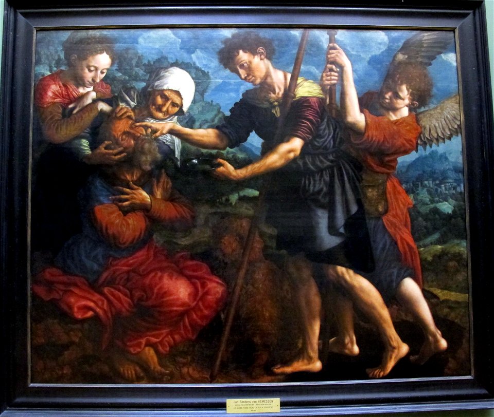 Jan sanders van hemessen, tobiolo con l'aiuto dell'arcangelòo raffaele ridà la vista al padre, 1555
