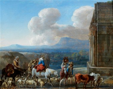 Jan van den Hecke - Shepherds and travellers by a triumphal arch in the Roman Campagna. Free illustration for personal and commercial use.