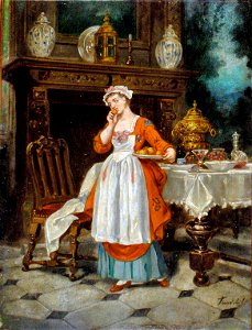 Jean Baptiste Fauvelet.Adellijk interiueur met jongedame