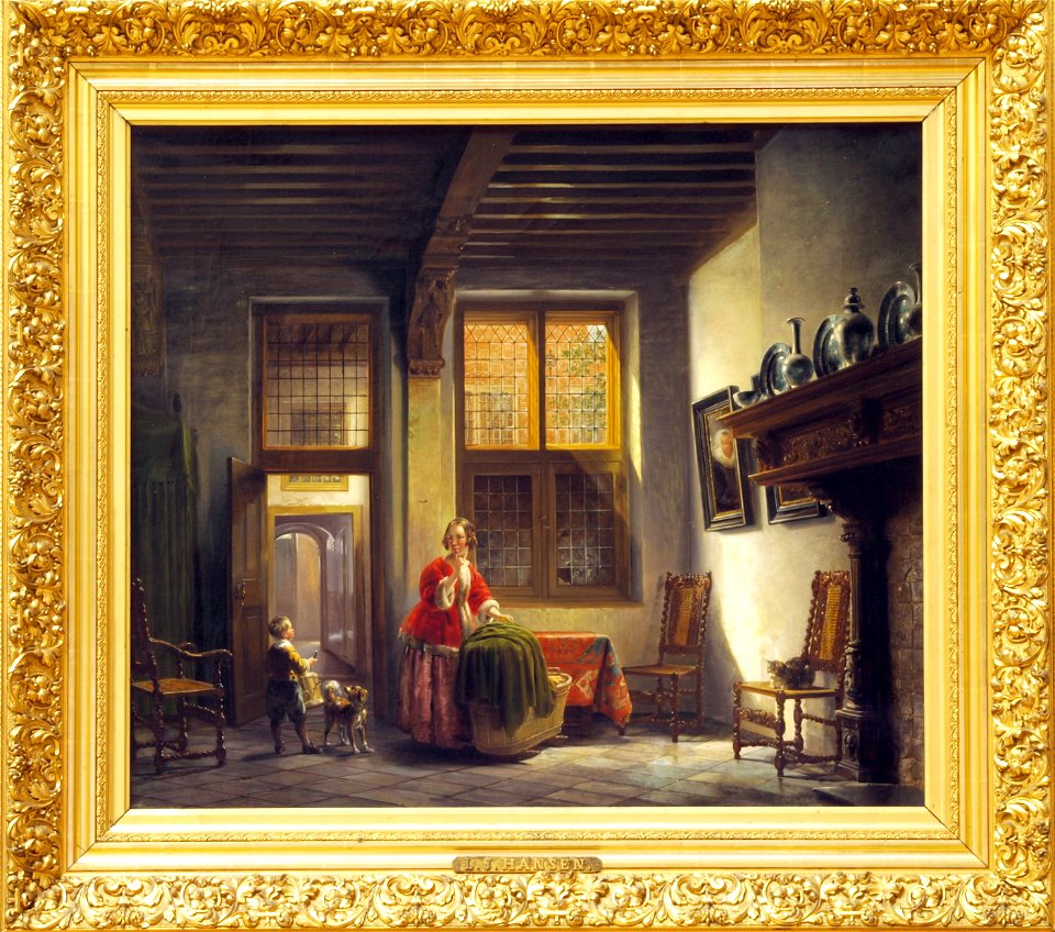 Lambertus Johannes Hansen - Voornaam Binnenhuis Met Vrouw En Kind Bij Een Trap