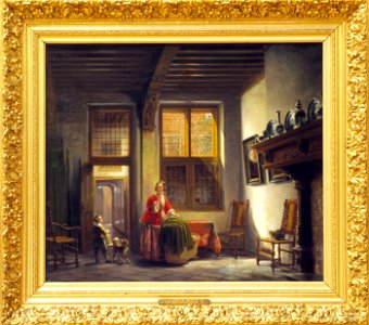 Lambertus Johannes Hansen - Voornaam Binnenhuis Met Vrouw En Kind Bij Een Trap