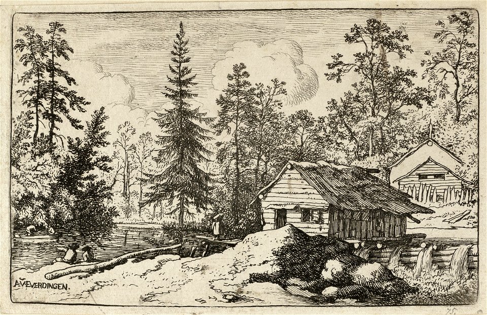 Landschap met twee houten huizen en een waterval. Op een meertje een roeiboot met twee personen. Langs de waterkant zitten twee mannen en iets verderop staat een vrouw. NL-HlmNHA 1477 53008008 K