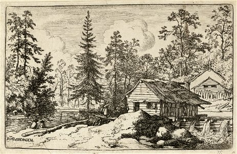 Landschap met twee houten huizen en een waterval. Op een meertje een roeiboot met twee personen. Langs de waterkant zitten twee mannen en iets verderop staat een vrouw. NL-HlmNHA 1477 53008008 K