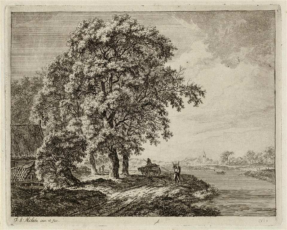Landschap met hoge bomen langs een rivier. Op de weg een boerenkar en een man met een pak op zijn rug. Ets door Franciscus Andreas Milatz naar eigen ontwerptekening, gesigneerd, rechtsonder , NL-HlmNHA 1477 53010888