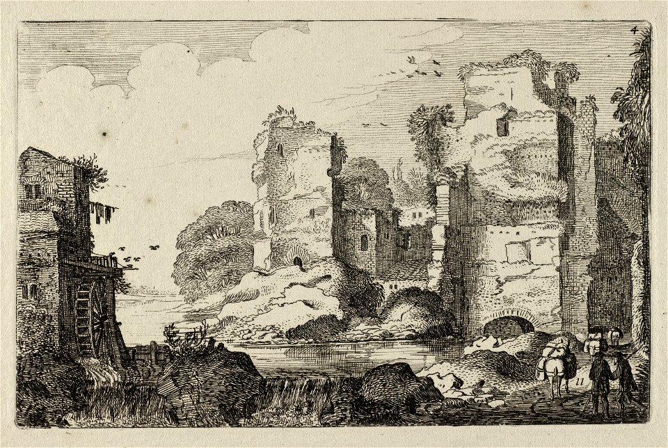 Landschap met figuren, ruïnes en een watermolen. NL-HlmNHA 53012467