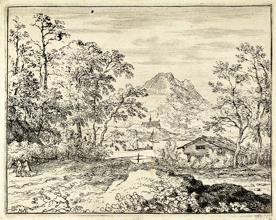 Landschap met een huisje aan een rivier. Op de voorgrond twee wandelaars en op de achtergrond een berg. NL-HlmNHA 1477 53008014 K