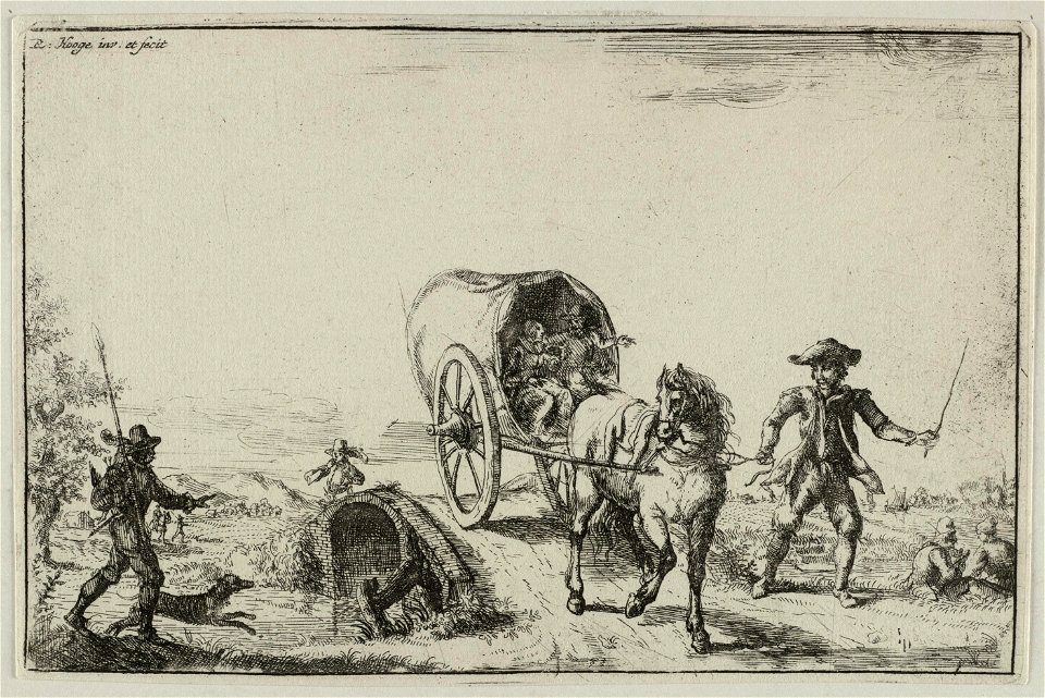 Landschap met huifkar over een brug en jagers. NL-HlmNHA 53008902