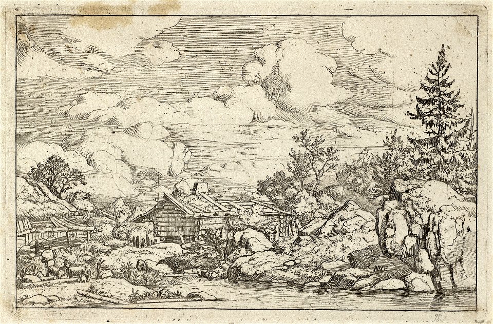 Landschap met rotspartij en vervallen houten hut. Aan de waterkant drie geiten en een hoeder. NL-HlmNHA 1477 53007966 K