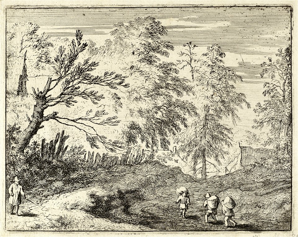 Landschap met drie kruiers en een wandelaar. Aan de horizon, achter hoge bomen, enkele huizen. NL-HlmNHA 1477 53008018 K