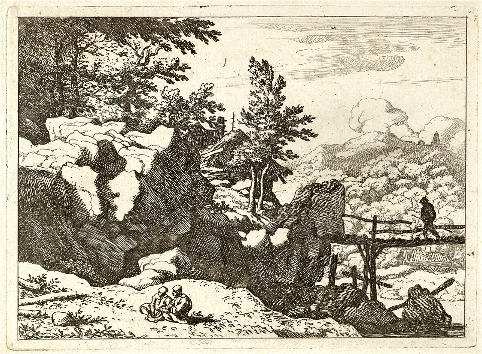 Landschap met man op brug. Op de voorgond twee zittende figuurtjes, NL-HlmNHA 1477 53007983 K
