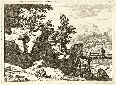 Landschap met man op brug. Op de voorgond twee zittende figuurtjes, NL-HlmNHA 1477 53007983 K