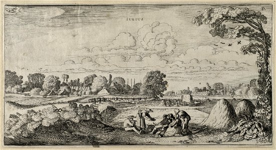 Juli Iulius). Een landschap met rustende en etende boeren tijdens het hooien, voorstellende de maand juli. Links- en rechtsboven de bij deze maand behorende symbolen van het sterrenbeeld lee, NL-HlmNHA 53012352
