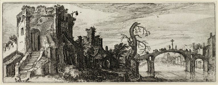 Landschap met ruïne van een kasteel, een brug met kruibeeld en recchts een dorp. NL-HlmNHA 53012510