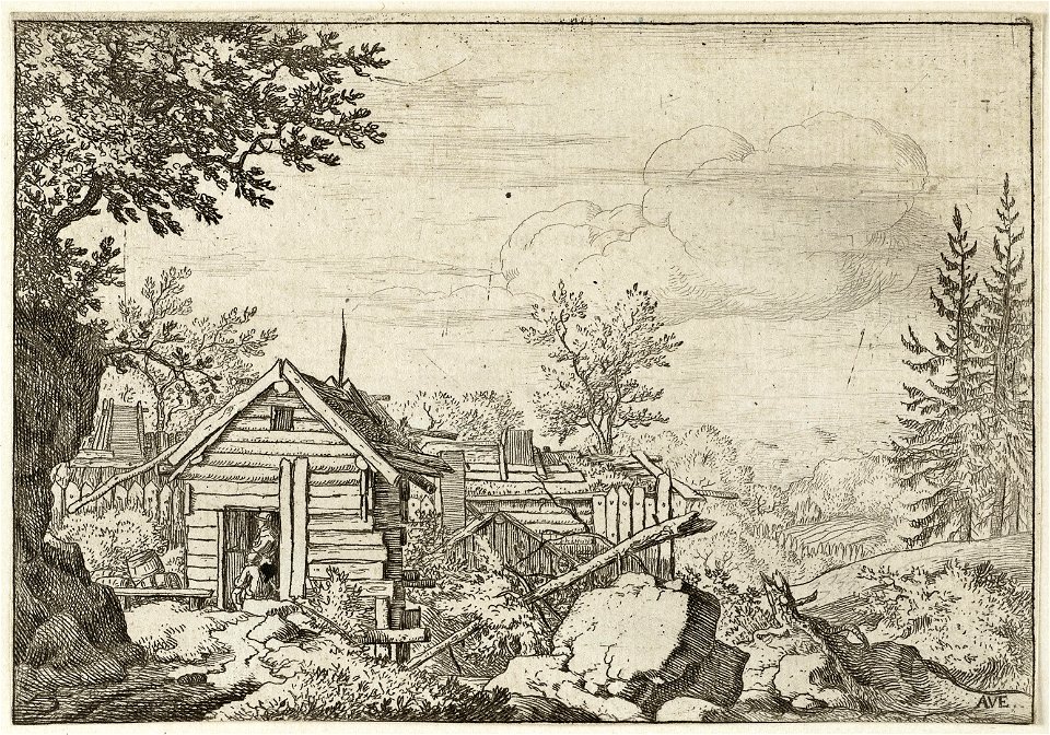 Landschap met twee mannen in de deuropening van een houten hut. NL-HlmNHA 1477 53007978 K