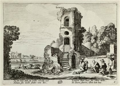 Juni (Junius). Gezicht op een vervallen toren in een landschap, waarvoor vier rustende figuren, voorstellende de maand juni. Links worden schapen geschoren. Onderaan het astrologische symboo, NL-HlmNHA 53012363