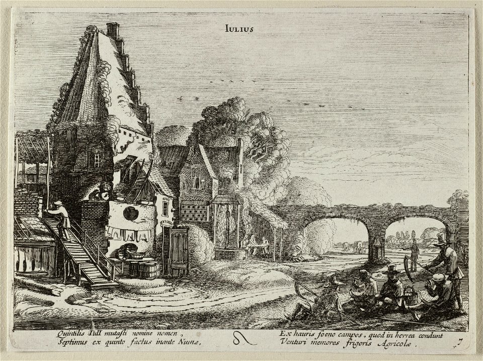 Juli (Julius). Gezicht op een huis en een aqauduct, waarvoor rustende maaiers met hun zeisen, voorstellende de maand juli. In het midden twee figuren aan een tafel bij een waterput. Onderaan, NL-HlmNHA 53012364