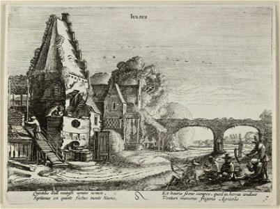 Juli (Julius). Gezicht op een huis en een aqauduct, waarvoor rustende maaiers met hun zeisen, voorstellende de maand juli. In het midden twee figuren aan een tafel bij een waterput. Onderaan, NL-HlmNHA 53012364