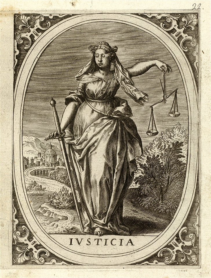 Justitia, de rechtvaardigheid - gerechtigheid een geblinddoekte vrouw staand in een ovaal, in een landschap. In haar rechterhand houd zij een zwaard vast in haar linkerhand een weegschaal. NL-HlmNHA 1477 53008352