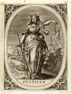 Justitia, de rechtvaardigheid - gerechtigheid een geblinddoekte vrouw staand in een ovaal, in een landschap. In haar rechterhand houd zij een zwaard vast in haar linkerhand een weegschaal. NL-HlmNHA 1477 53008352