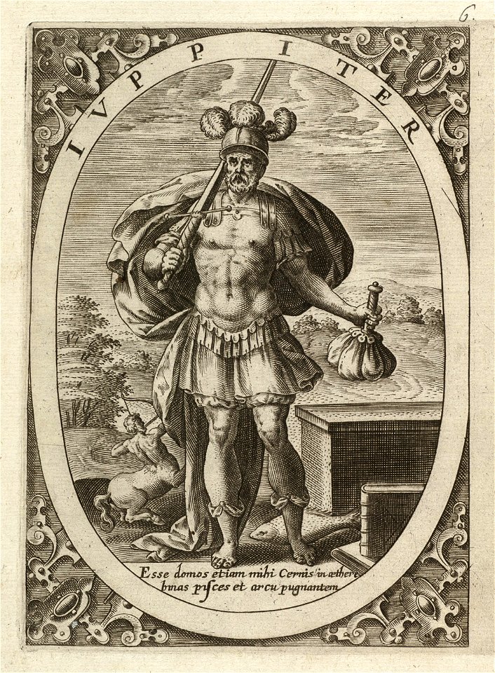 Jupiter, staand in een ovaal. In zijn linker hand een geldbuidel, in zijn rechter hand een zwaard. Op de grond en achtergrond de vaste tekens van Jupiter uit de dierenriem, boogschutter en v, NL-HlmNHA 1477 53008336