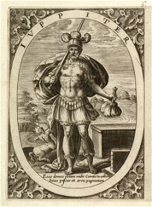 Jupiter, staand in een ovaal. In zijn linker hand een geldbuidel, in zijn rechter hand een zwaard. Op de grond en achtergrond de vaste tekens van Jupiter uit de dierenriem, boogschutter en v, NL-HlmNHA 1477 53008336